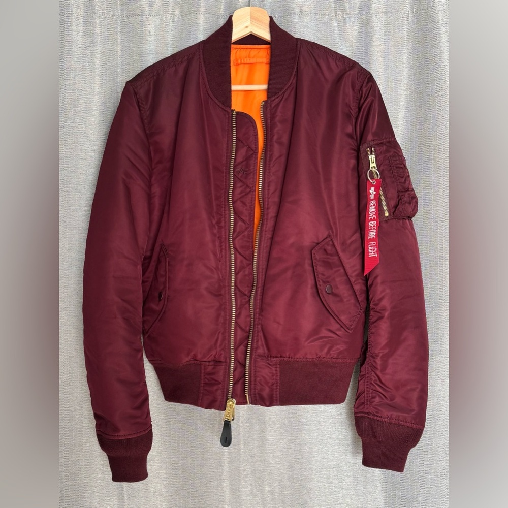 Alpha Industries Maroon Bomber Jacket with Orange Lining Small Slim Fit